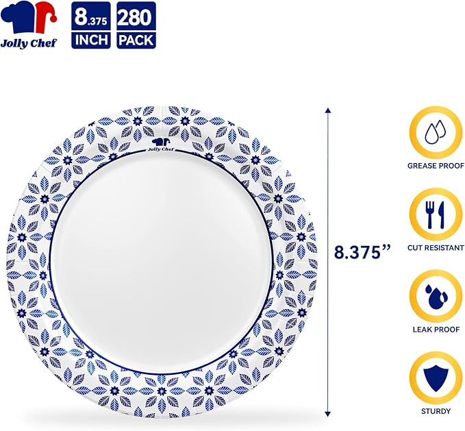 8.37 inch Paper Plates 280 Count Soak Proof, Cut Proof, Heavy Duty Printed - Image 2