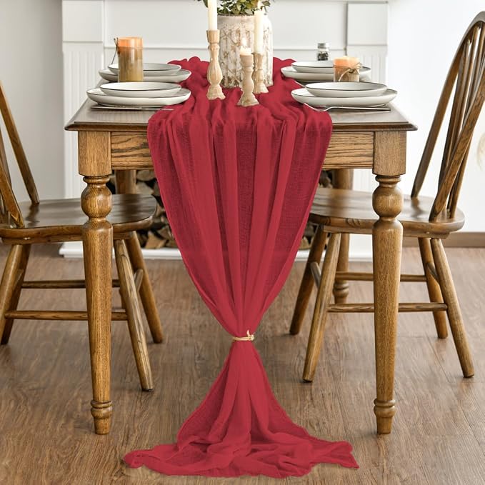 Artoid Mode Boho Cheesecloth Gauze Red Wedding Table Runner, 120 Inch Seasonal - Image 3