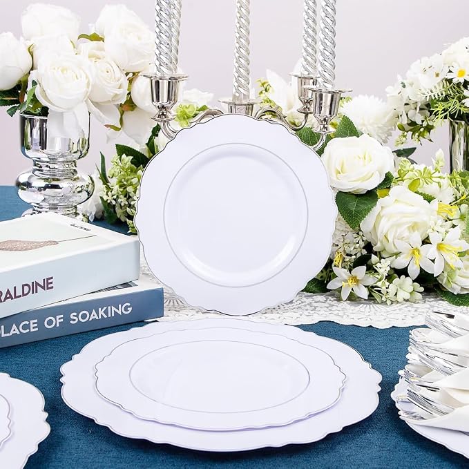 350PCS Silver Plastic Plates-Disposable White and Silver Plates 50guest Baroque - Image 8