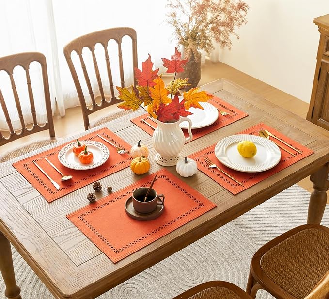 Orange Burlap Place Mats, Fall Placemats Set of 4, 12 x 18 Inch | Double Layer - Image 5