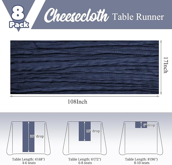8 Pack Navy Blue Table Runner 17 x 108inch Cheesecloth Table Runner Boho Gauze - Image 3
