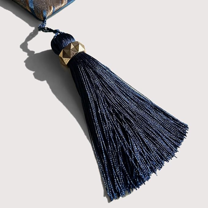 Blue Luxury Table Runner, Modern Geometric Lines, Fancy Ring Tassel | Table - Image 3