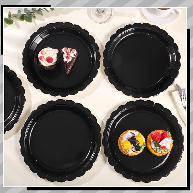 NatNarr 30 Pk Black Paper Plates 9" Disposable Scalloped Black Party Plates | - Image 4
