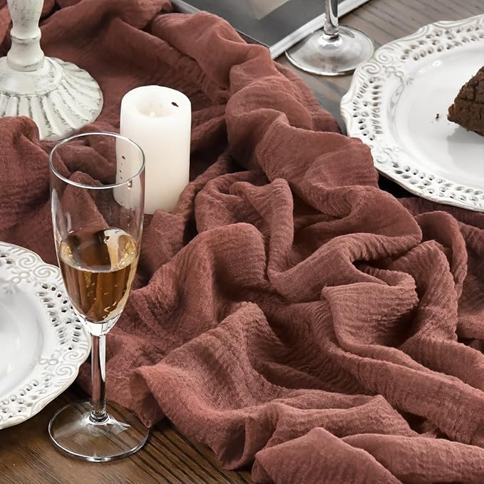 Artoid Mode Boho Cheesecloth Gauze Dusty Rose Wedding Table Runner, 160 Inch - Image 5