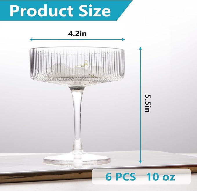 Montex Ribbed Coupe Glasses Set of 6, 10 oz Crystal Espresso Martini Glasses - Image 3