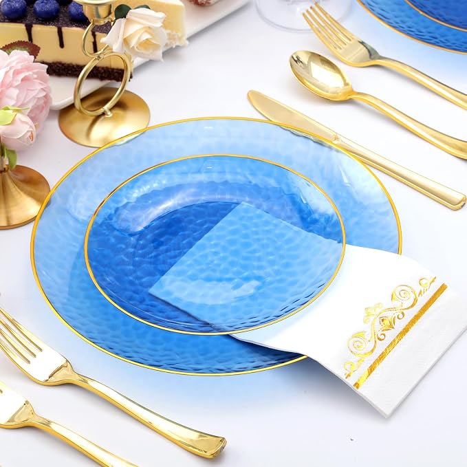 150 Pcs Blue Plastic Dinnerware Set, Disposable Plates - Image 4