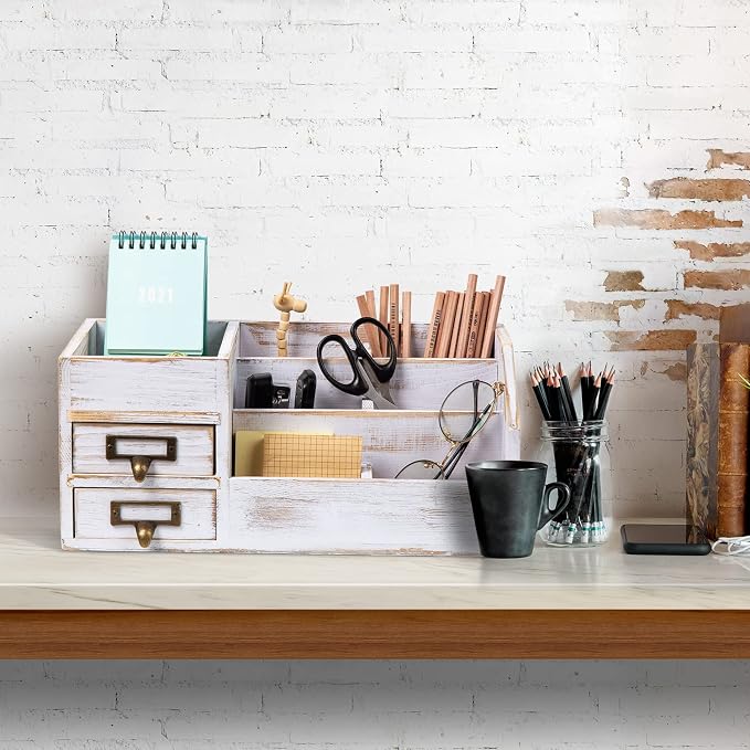 Distressed Rustic Wooden Office Desktop Organizer Shelf Tabletop Home Organizer - Image 5