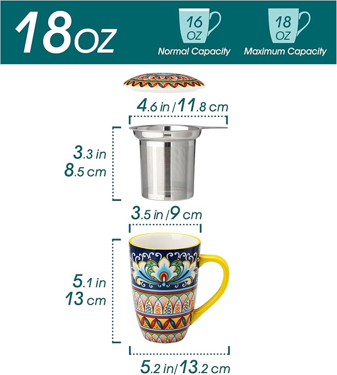 vancasso Ceramic Tea Mug with Infuser and Lid, 18 Ounce Bohemian Loose Leaf Cup - Image 2