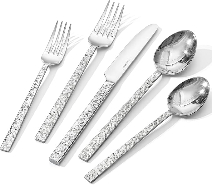 60 Pcs Hammered Silverware Set for 12, 18/10 Stainless Steel Heavy Duty by KINGSTONE
