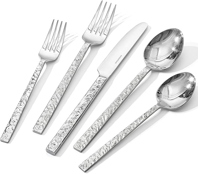 20 Pcs Hammered Silverware Set for 4, 18/10 Stainless Steel Heavy Duty Flatware by KINGSTONE
