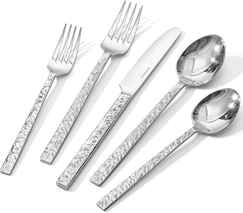 20 Pcs Hammered Silverware Set for 4, 18/10 Stainless Steel Heavy Duty Flatware by KINGSTONE