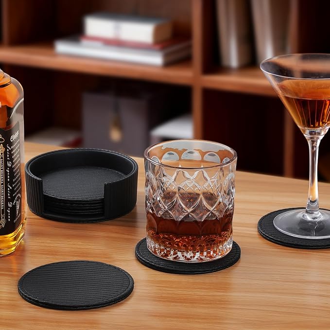 Leather Coasters Set of 6 with Holder, Tabletop Protection, Coffee Table & Bar - Image 3