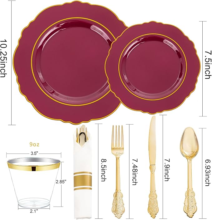 350PCS Red Plastic Plates-Disposable Burgundy Red and Gold Plates 50guest - Image 4