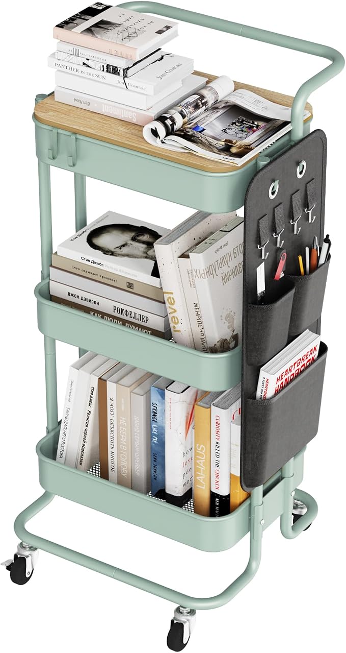 DTK 3-Tier Rolling Cart with Table Top, Metal Utility Cart with Side Bags | by DTK