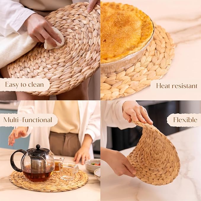 10 Pack, Round Woven Placemats, Natural Water Hyacinth Place mats, Braided - Image 3