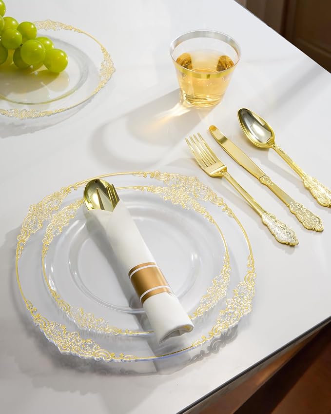 350 Piece Clear Gold Plastic Dinnerware Set - Image 5