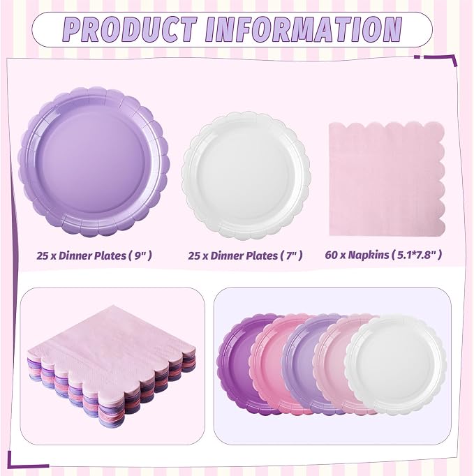 110 Pcs Pink Purple Plates and Napkins Tableware Set Serve 25 Guests Includes - Image 2