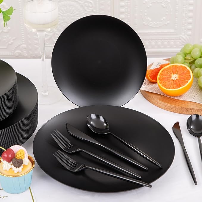 ejonirinjonir 150pcs Frosted Black Plastic Plates Plastic Plate - Image 4