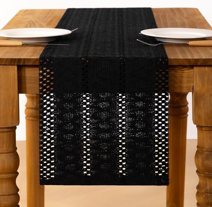 Black Boho Table Runner Farmhouse Macrame Woven Table Runner 12x36 Inch | Small - Image 3
