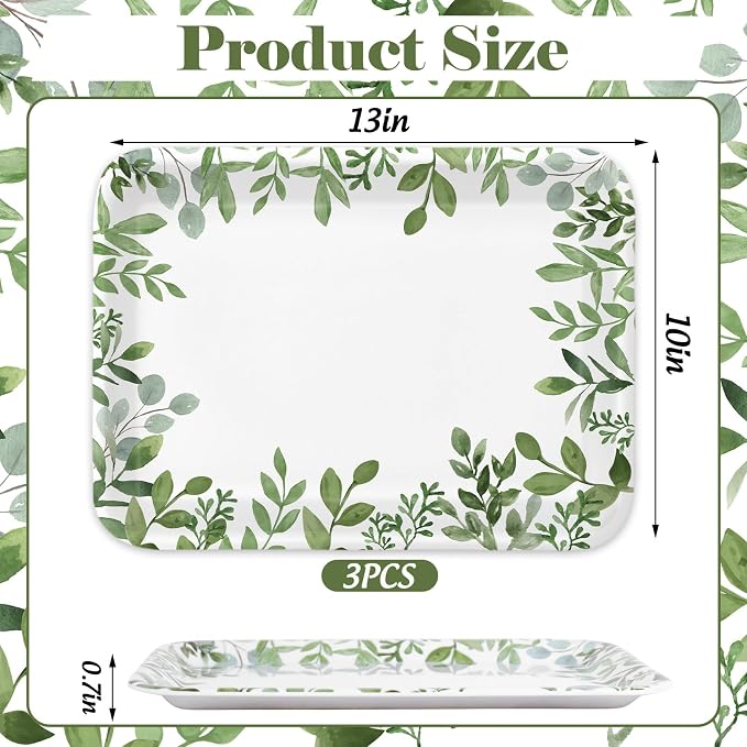 Whaline 3Pcs Greenery Serving Trays Reusable Melamine Platters Green Leaves - Image 2