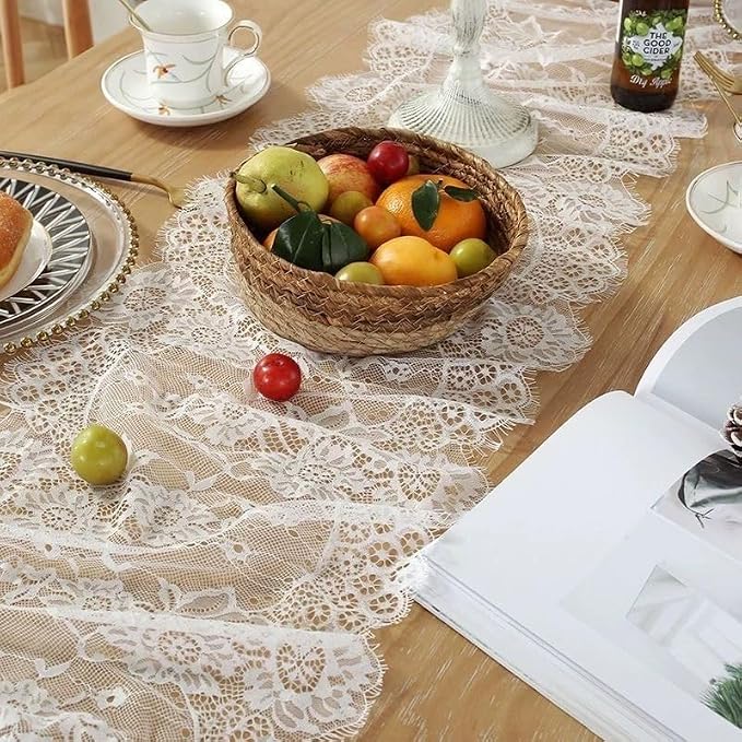 2 Pcs White Lace Table Runner 14 x 120 Inch Vintage Rustic Table Runner - Image 6
