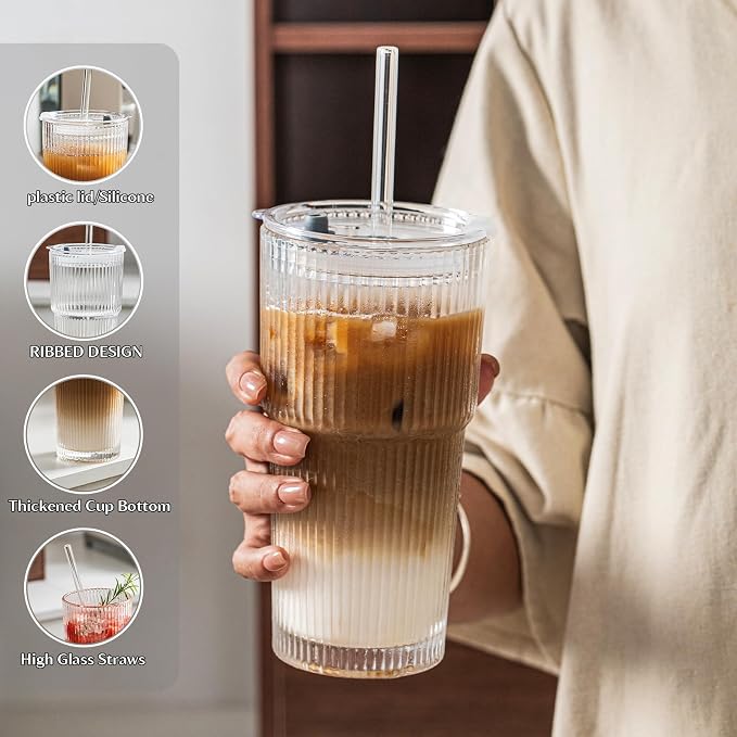 INSETLAN 8-Piece Glassware Set – 20 oz Ribbed Glass Tumblers - Image 5