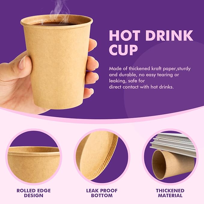200 Pack 8oz Kraft Coffee Cups, Hot Coffee Cups & Cold Coffee Cups, Food-Safe - Image 7