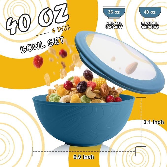 Wheat Straw Bowls Set with Lids, Unbreakable 40 OZ Cereal Bowls Set of 4 - Image 2
