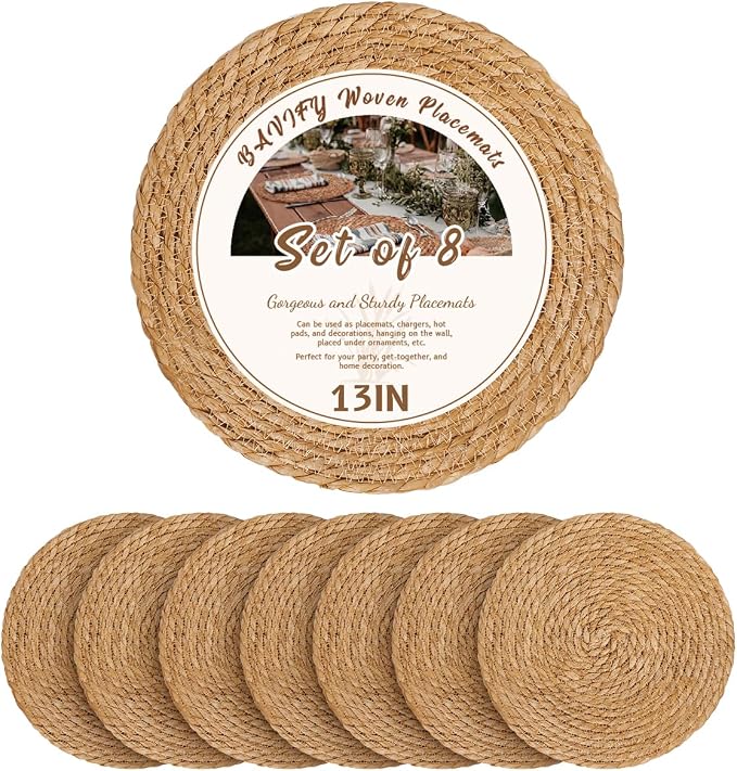 13 in Round Woven Boho Placemats Set of 8, Wicker Rattan Place Mats Chargers by BavifyBaking