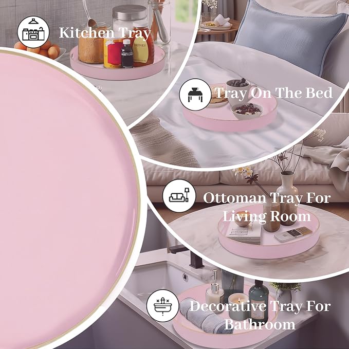 13" Pink Decorative Tray, Plastic Round Serving Tray - Image 7