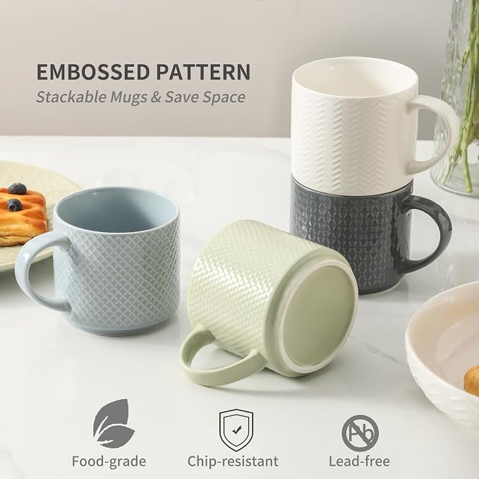HASENSE Coffee Mugs with Metal Stand, 15 oz Ceramic Stackable Mug Set Embossed - Image 3