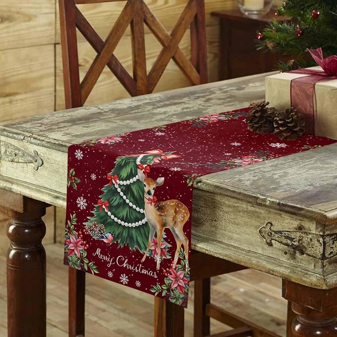 Christmas Reindeer Table Runners 72 Inches Long, Cotton Linen Fabric Red Table - Image 3