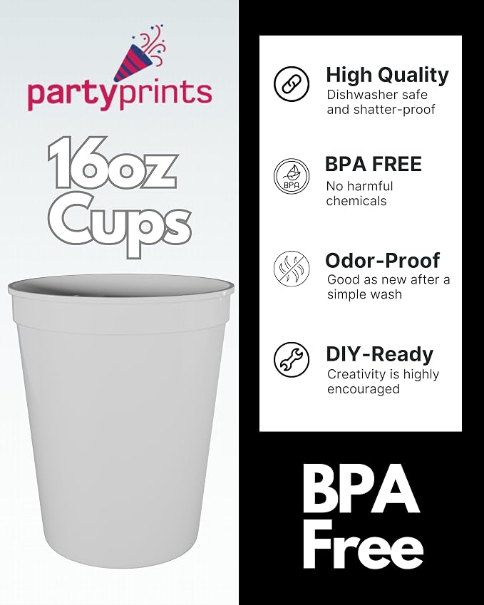 PartyPrints 10 Pack 16 oz White Reusable Blank Plastic Cups, Stadium Cups Bulk - Image 2
