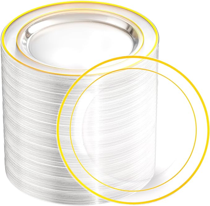 bUCLA 100 Pieces Clear Gold Plastic Plates Disposable by BUCLA