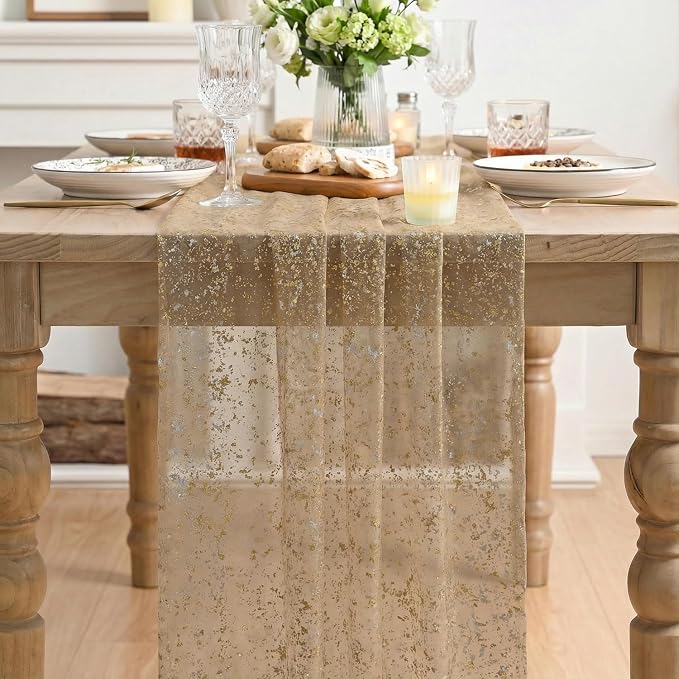 Artoid Mode Coffee Gold Gauze Table Runner 120 Inch 10FT, Glitter Metallic Foil - Image 2