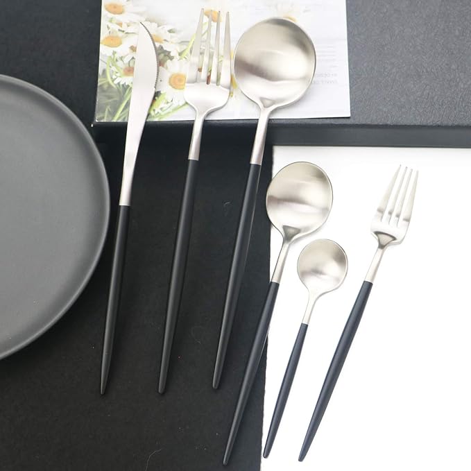 JASHII 18/10 Black Handle Flatware Silver Silverware Set 304 Stainless Steel - Image 2