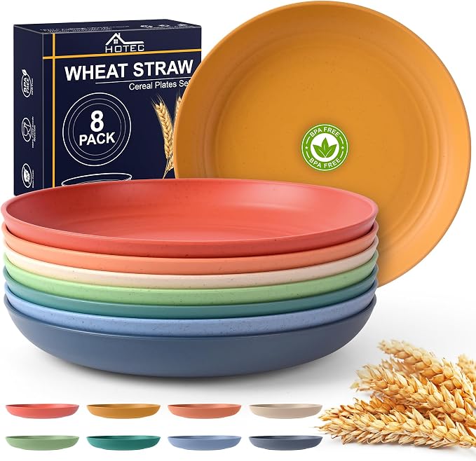 HOTEC 8-Pack 10inch BPA Free Unbreakable Deep Dinner Plates, Wheat Straw by Hotec