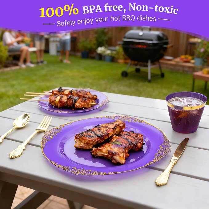 AIRE Purple Gold Plastic Plates Set, leakproof non-bending, heavy-duty - Image 4