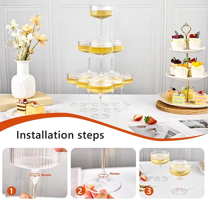 ZOMUIA Ribbed Coupe Glasses 16 Pcs, 10 oz Plastic Champagne Coupe Detachable - Image 3