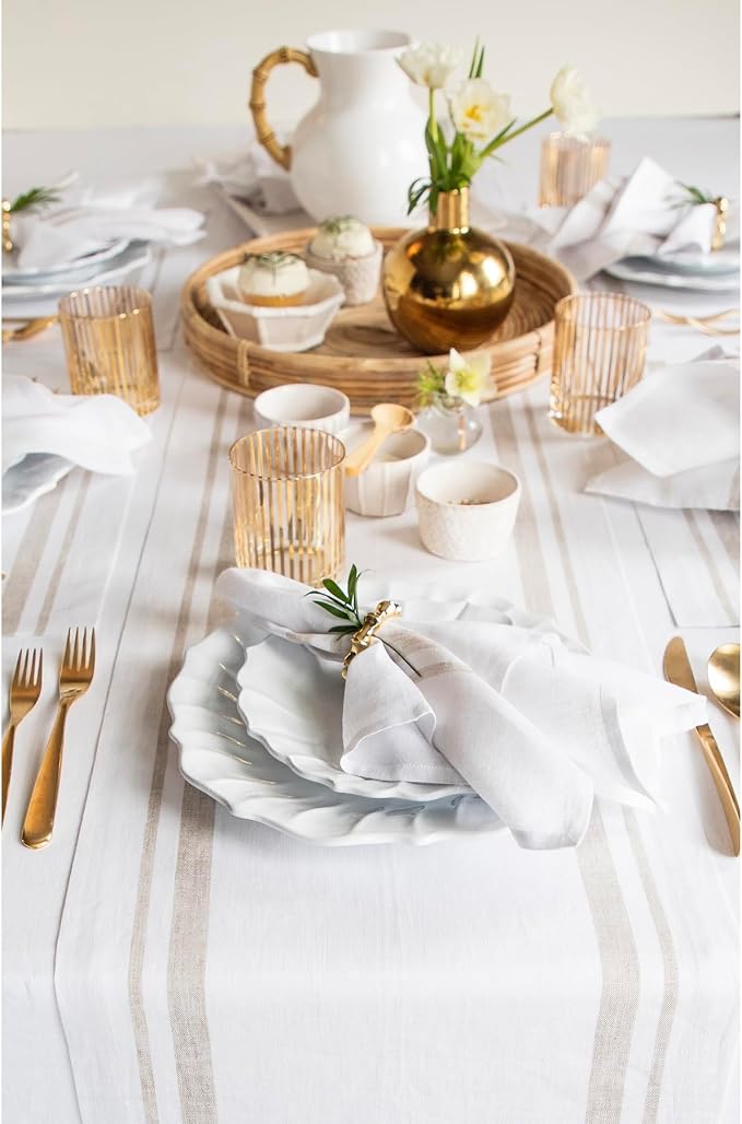 Solino Home 100% Linen Table Runner, 14 x 132 in, Natural and White Striped | - Image 2