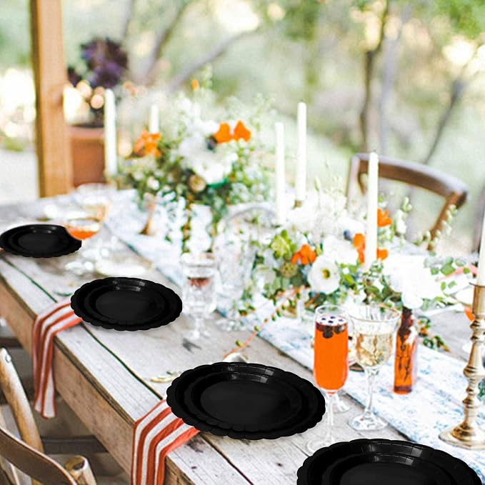 50 Pcs Black Scalloped Paper Plates 25 × 7'' and 25 × 9'' Disposable Black - Image 6