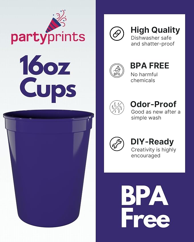 PartyPrints 100 Pack 16 oz Purple Reusable Blank Plastic Cups, Stadium Cups - Image 2