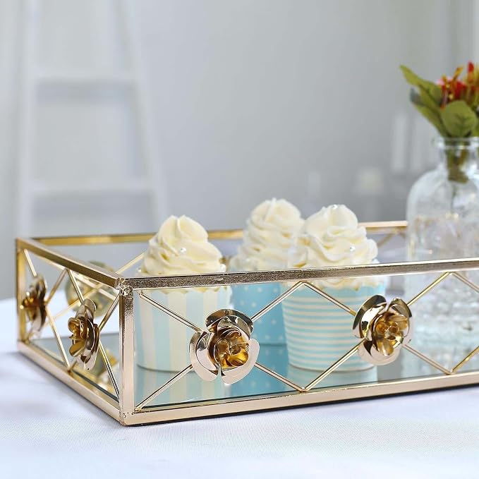 Efavormart Set of 2 Gold Metal Decorative Serving Trays Floral Bordered - Image 7