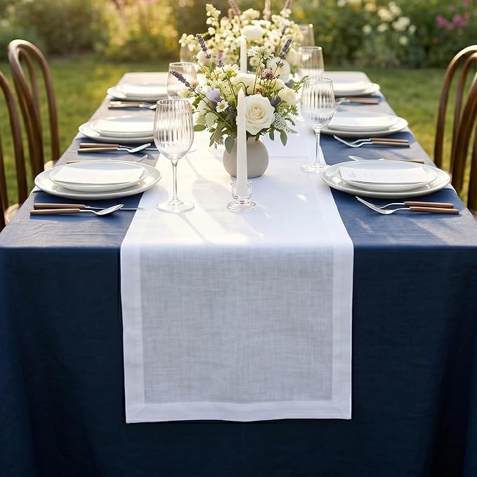 Solino Home 100% Pure Linen Table Runner White, Fete 14 x 156 Inch Long | Table - Image 3