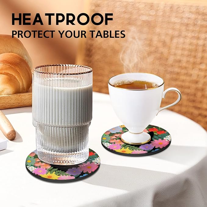Swooflia Coasters for Drinks Coffee Table, Flower Black Cat Cute Colorful - Image 6