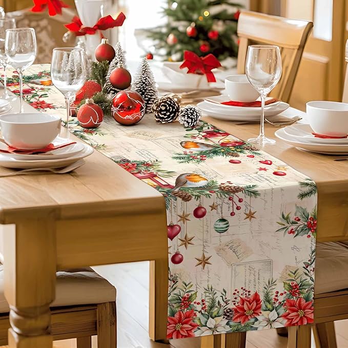 Christmas Poinsettia Table Runner 72 Inches Long, Winter Xmas Balls Birds Table - Image 9