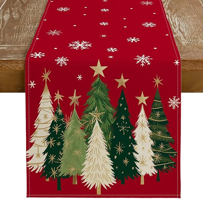 Christmas Table Runner 13x72 Inch, Snowflakes Trees Winter Decor | Holiday by GEEORY