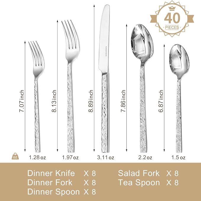 40 Pcs Hammered Silverware Set for 8, 18/10 Stainless Steel Heavy Duty Flatware - Image 2