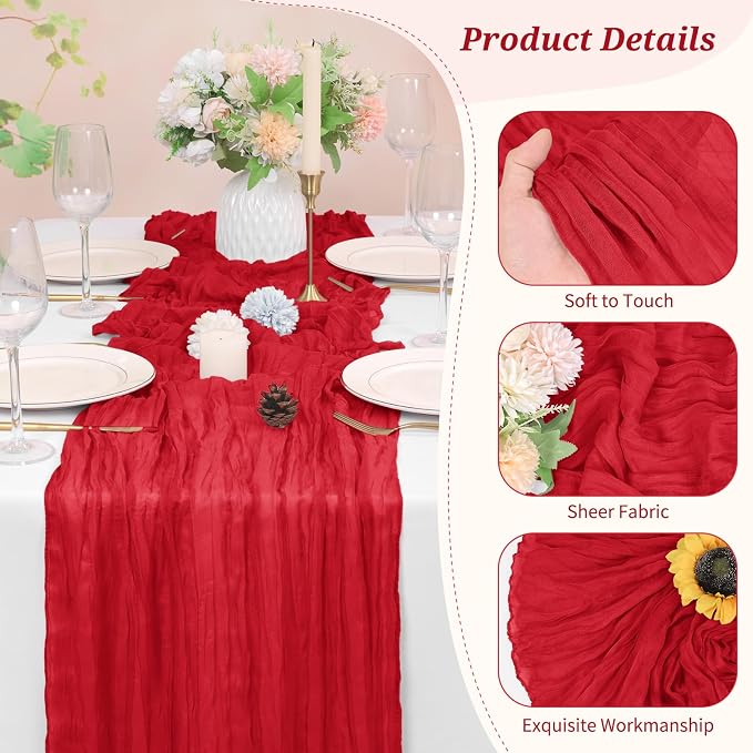 Pesonlook Cheesecloth Table Runner Red, 20 Pack 17.7x108 inch, Long | Rustic - Image 3