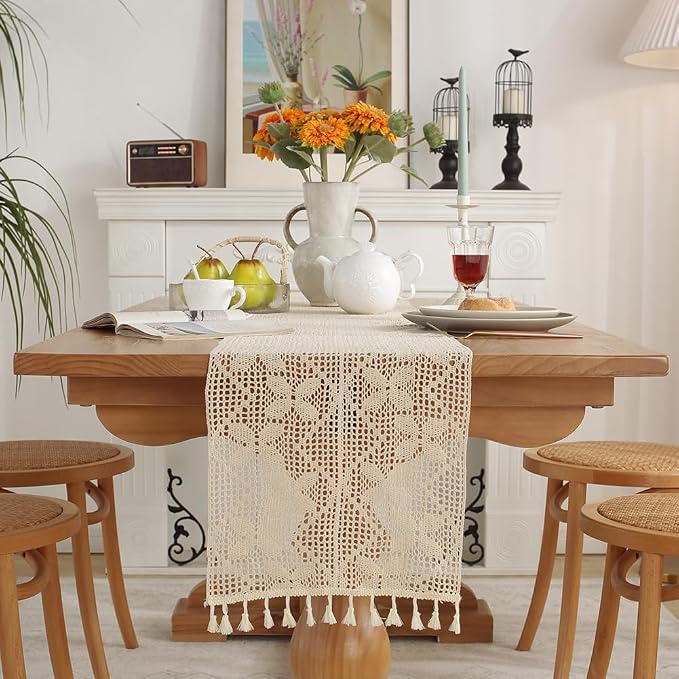 meioro Crochet Lace Table Runner, 12x78 Inch Boho Cotton Table Runners - Image 3